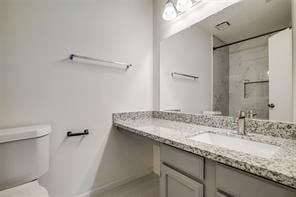 bathroom featuring toilet, vanity, and a tile shower