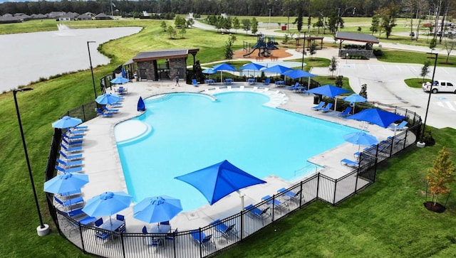 view of swimming pool with a gazebo, a yard, and a patio