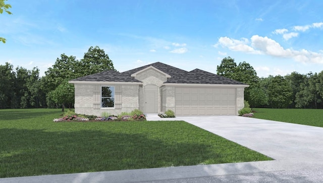 view of front of home with a front yard and a garage