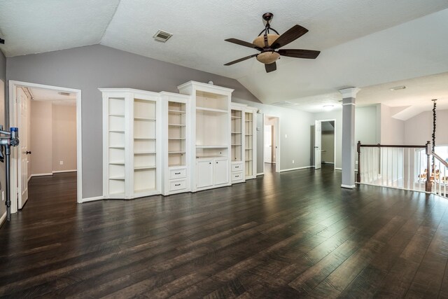 unfurnished living room with vaulted ceiling, ceiling fan, and dark hardwood / wood-style flooring