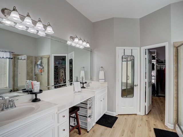 bathroom featuring vanity, an enclosed shower, and wood-type flooring