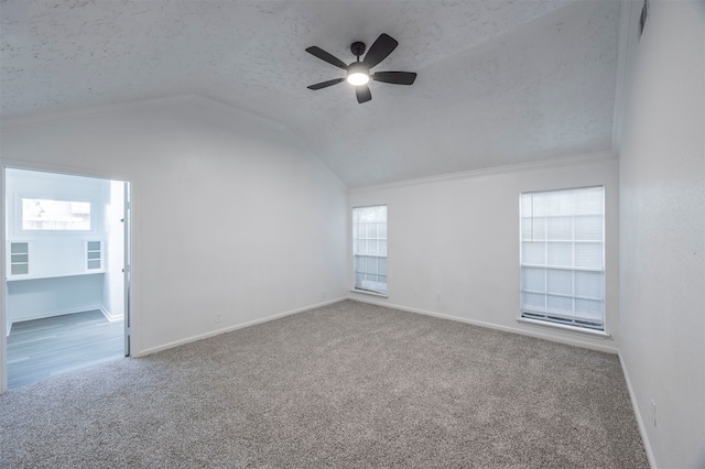 unfurnished room featuring carpet, plenty of natural light, and vaulted ceiling