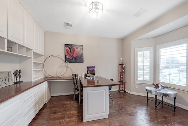 office area with dark hardwood / wood-style flooring and built in desk