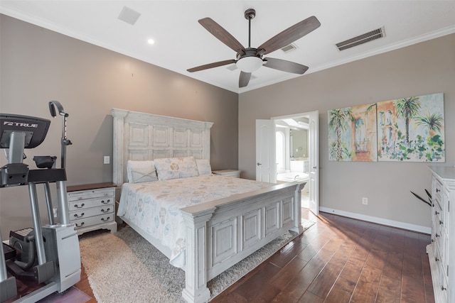 bedroom featuring ensuite bath, ceiling fan, crown molding, and dark hardwood / wood-style floors