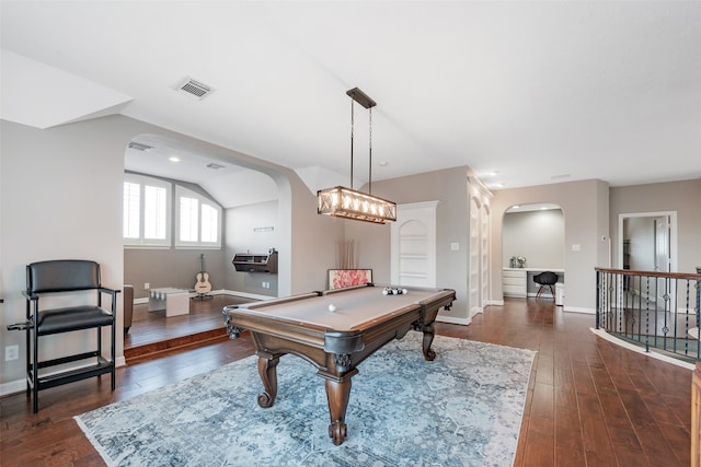 rec room featuring vaulted ceiling, dark wood-type flooring, and pool table