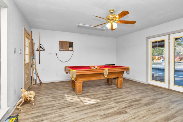 playroom featuring ceiling fan, wood-type flooring, pool table, and a wall mounted air conditioner