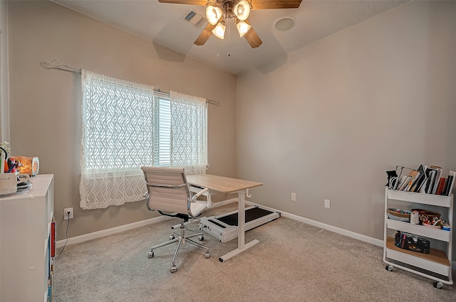 office featuring light carpet and ceiling fan