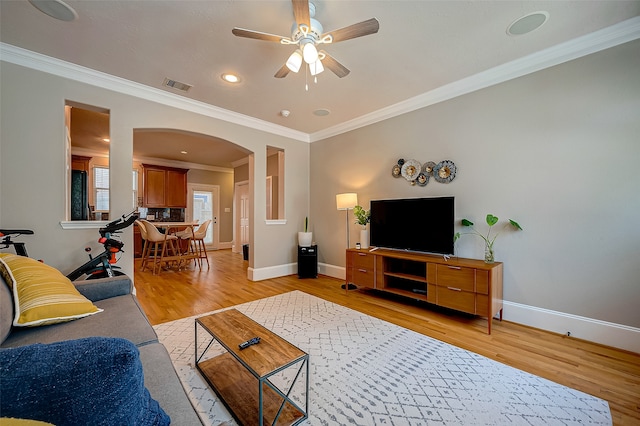 living room with ceiling fan, light hardwood / wood-style floors, and crown molding