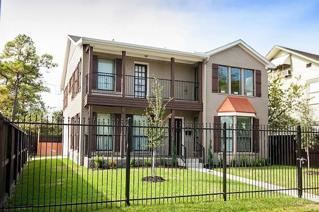 multi unit property featuring a balcony and a front lawn