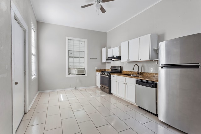 kitchen with stainless steel appliances, ceiling fan, sink, light tile patterned floors, and white cabinets