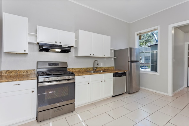 kitchen featuring dark stone countertops, sink, white cabinets, and stainless steel appliances