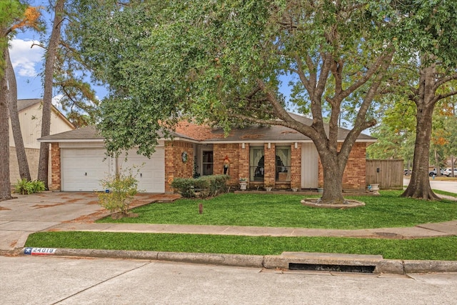 view of front facade featuring brick siding, an attached garage, driveway, and a front yard