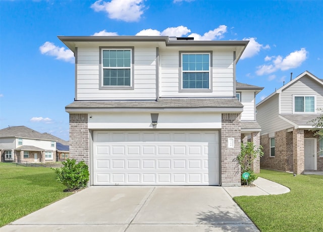 front facade with a front lawn and a garage