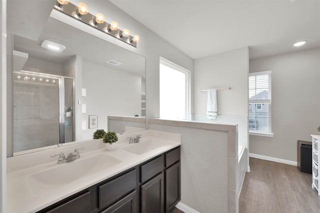 bathroom featuring walk in shower, vanity, and hardwood / wood-style flooring