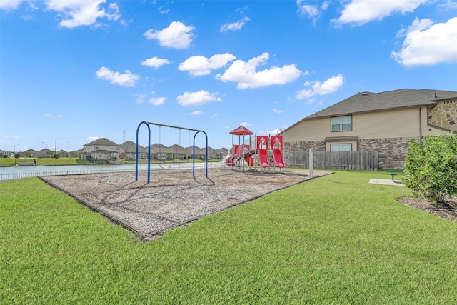 view of jungle gym featuring a yard