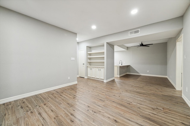 unfurnished living room featuring light hardwood / wood-style flooring and ceiling fan