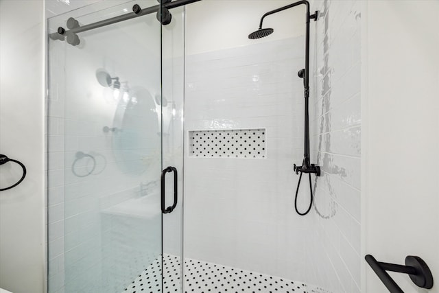 bathroom with a shower with shower door