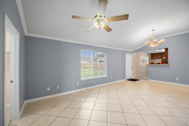 unfurnished living room with ceiling fan with notable chandelier, ornamental molding, and light tile patterned floors