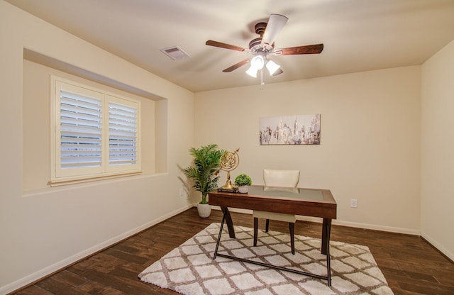 office with dark hardwood / wood-style flooring and ceiling fan