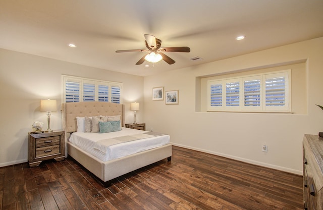 bedroom featuring dark wood-type flooring and ceiling fan