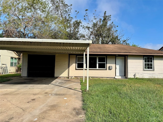 single story home featuring a front lawn, central AC unit, and a carport