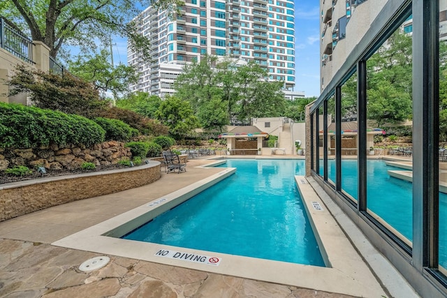 view of swimming pool with a patio area