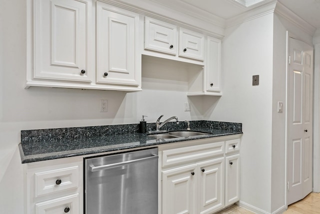 kitchen featuring sink, dark stone countertops, crown molding, white cabinets, and dishwasher