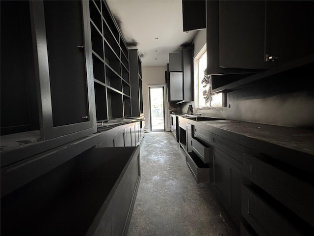 710 Glen Echo Ln, Hedwig Village, TX 77024 - kitchen featuring unfinished concrete flooring, dark cabinetry, and open shelves