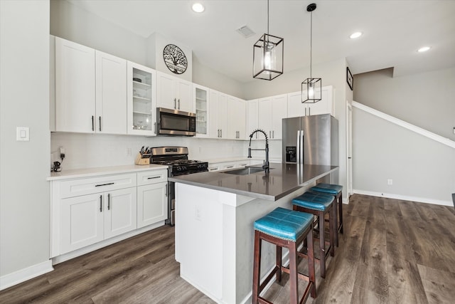 kitchen with white cabinets, sink, an island with sink, and stainless steel appliances