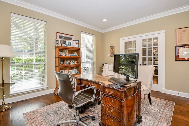 home office featuring french doors, dark hardwood / wood-style flooring, and ornamental molding