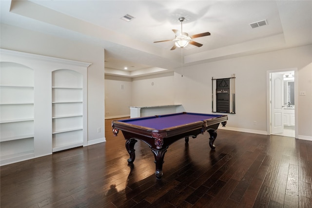 playroom with dark hardwood / wood-style flooring, a raised ceiling, ceiling fan, and billiards