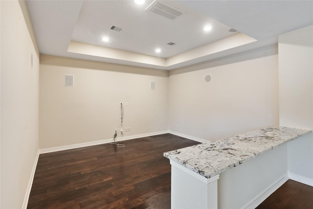 kitchen with kitchen peninsula, a tray ceiling, and dark hardwood / wood-style floors