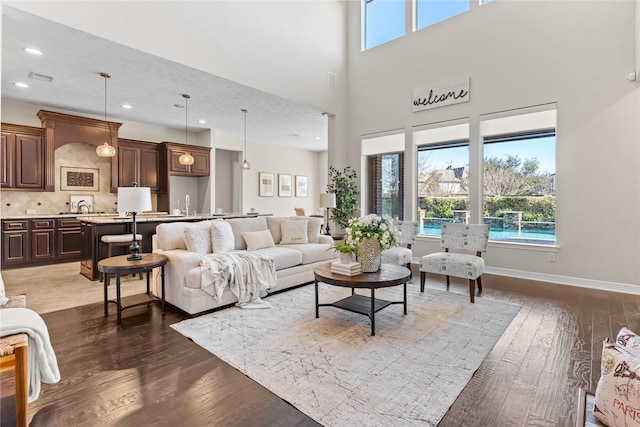 living room with sink and dark hardwood / wood-style floors