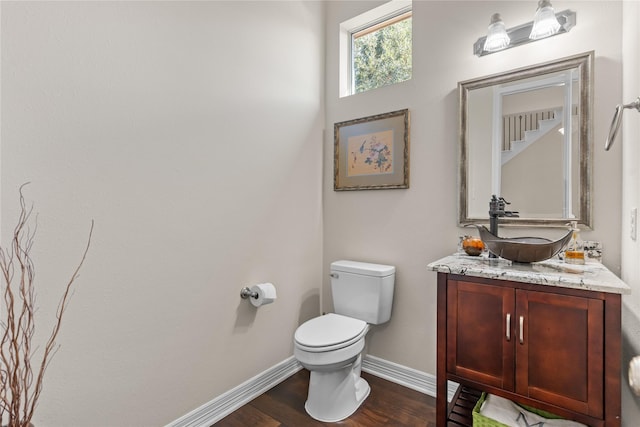 bathroom with vanity, wood-type flooring, and toilet