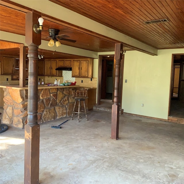 kitchen featuring decorative backsplash, kitchen peninsula, wooden ceiling, ceiling fan, and a breakfast bar