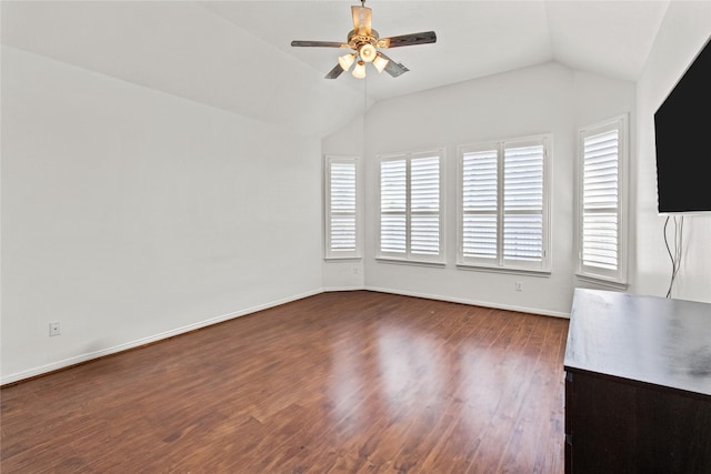 unfurnished living room featuring ceiling fan, lofted ceiling, and dark wood-type flooring