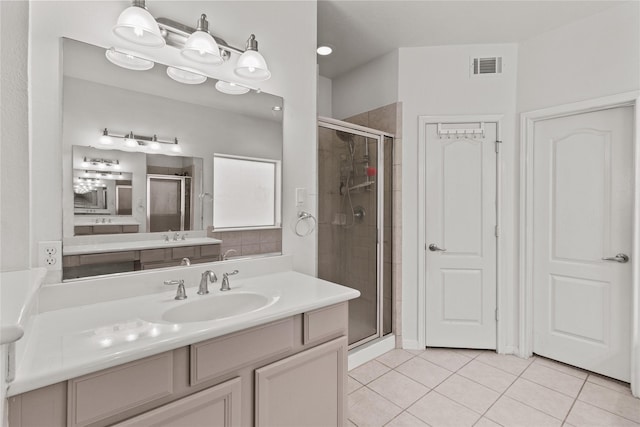 bathroom with tile patterned flooring, vanity, and an enclosed shower