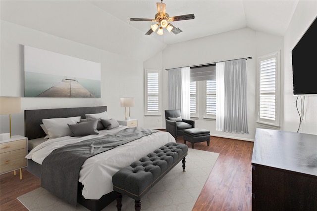 bedroom featuring ceiling fan, lofted ceiling, and wood-type flooring