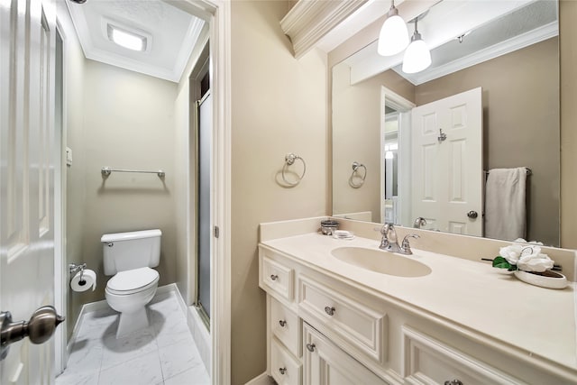 bathroom featuring toilet, walk in shower, vanity, and crown molding