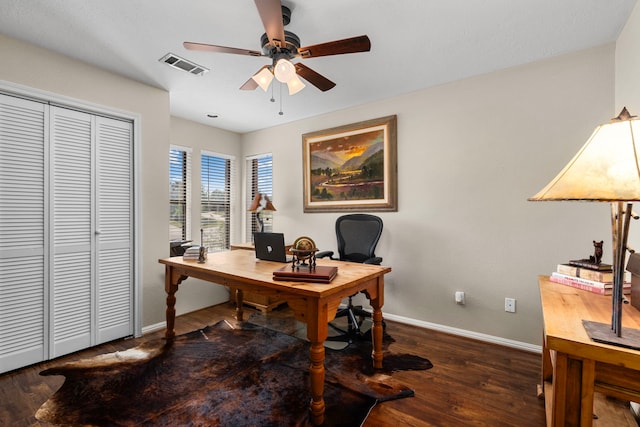 office area featuring dark hardwood / wood-style floors and ceiling fan