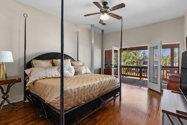 bedroom with dark hardwood / wood-style floors, access to outside, and ceiling fan