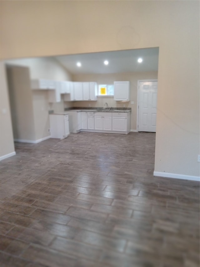 unfurnished living room with sink and dark wood-type flooring