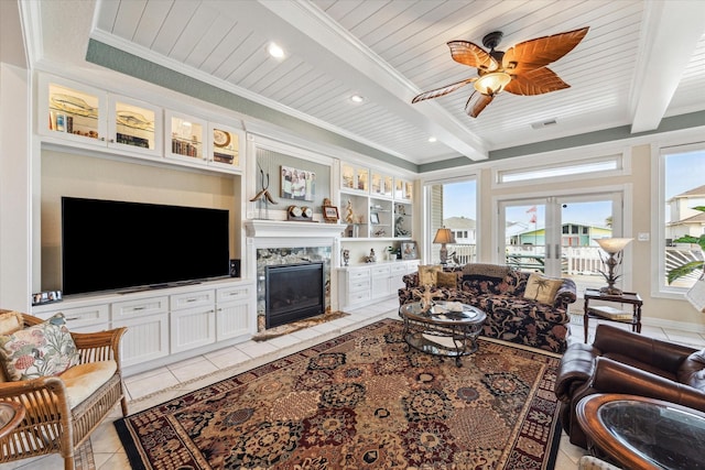 tiled living room featuring a high end fireplace, wood ceiling, crown molding, beam ceiling, and built in shelves