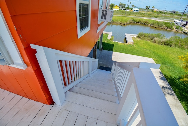 stairs with a water view