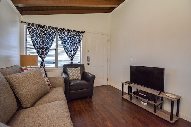 living room with lofted ceiling with beams and dark hardwood / wood-style flooring