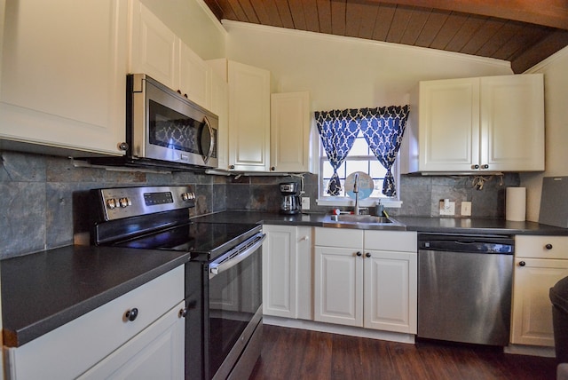 kitchen with stainless steel appliances, dark hardwood / wood-style floors, wood ceiling, decorative backsplash, and white cabinets