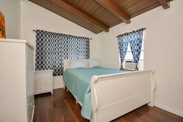 bedroom with lofted ceiling with beams, dark wood-type flooring, cooling unit, and wood ceiling