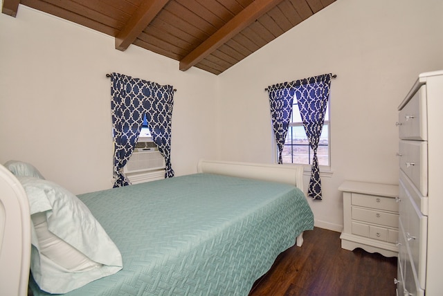 bedroom featuring lofted ceiling with beams, cooling unit, wooden ceiling, and dark hardwood / wood-style floors