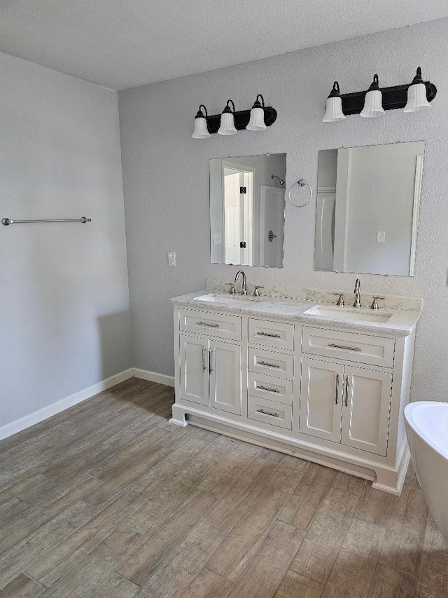 full bathroom featuring double vanity, wood finished floors, walk in shower, and a sink
