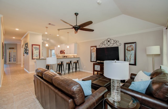 living room featuring lofted ceiling, light tile patterned flooring, and crown molding